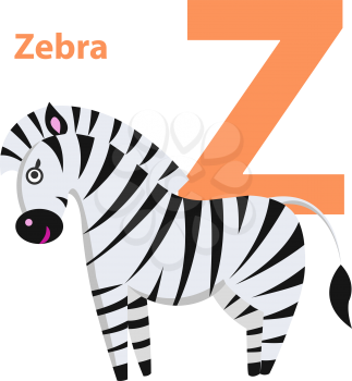Orange letter Z with word zebra on alphabet card. Black and white striped horse isolated on white background. Cheerful kids ABC, primary education. Vector illustration of cartoon drawing for babies.