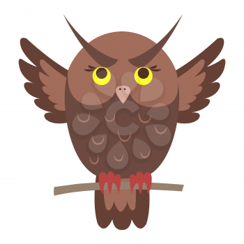 Funny cuty brown eagle-owl seating on branch with straightened wings vector sticker or icon isolated on white . Night predatory bird illustration outlined with dotted line for game counters, kids books