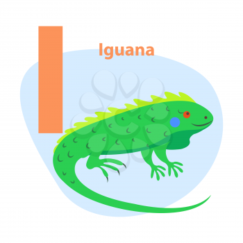 Children ABC with cute animal cartoon vector. English letter I with funny iguana flat illustration isolated on white background. Zoo alphabet with lizard and caption for preschool education, kids book