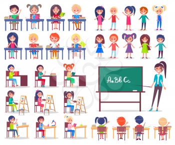 Isolated student sitting at desks and standing teacher explaining new topic vector colorful illustration in graphic design on white
