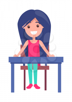 Back to school poster with smiling youngster sitting at empty table, vector illustration with schoolgirl at desk isolated on white background