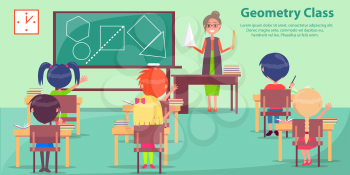 Geometry class with woman teaching small very active students. Vector illustration in graphic design of studying process at school