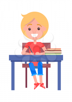 Back to school vector illustration with schoolboy sitting at the table with pile of textbook, writing in copybook with pen, happy child at lesson isolated