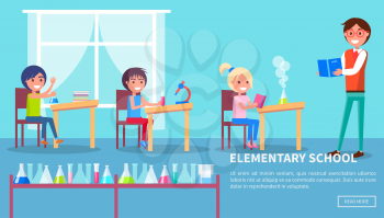Elementary school vector poster of lesson in chemistry class, teacher with book, pupils read, hold flasks with vivid liquids with place for text.