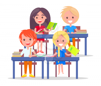Happy schoolchildren in classroom isolated on white background. Vector of classmates sitting at desks with piles of books, back to school concept