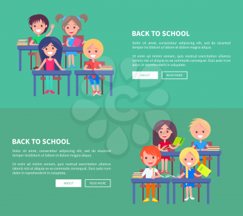 Back to school template poster with small pupils. Vector colorful web banner with students sitting at desks and getting new information