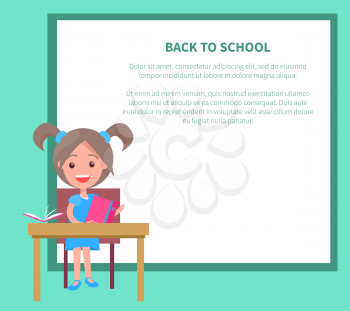 Back to school vector illustration with schoolgirl sitting at desk with textbook, reading open book on background with place for text
