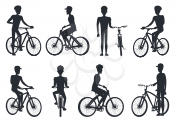 Black silhouettes of bicyclist riding on bike, standing near bicyclet, man in helmets and caps set of vector illustrations isolated on white background