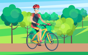 Man dressed in cycling clothing including helmet and glasses riding orange bicycle in rural area filled with trees vector illustration