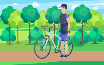 Joyful athlete wearing cap on countryside track with light blue bicycle in front of lush trees and bushes cartoon vector illustration