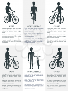 Sport cyclist and active lifestyle set of posters in black and white color. Isolated vector illustration of men in cycling clothing and with bicycles