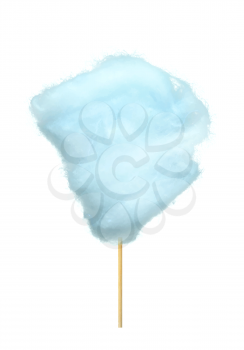 Realistic Blue cotton candy on stick isolated on white. Made by heating and liquefying sugar and spinning it out through minute holes, where it strands sugar glass