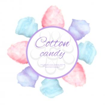 Cotton candy round button surrounded by sweet sugar glass candies on stick vector illustration with place for your text isolated on white