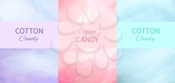 Cotton candy backgrounds in purple, pink and blue colors with place for advertisement text vector illustration. Dessert for children called sugar glass