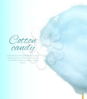 Closeup realistic blue cotton sweet candy on stick vector colorful illustration isolated on white with place for text. Banner with fairy candies floss