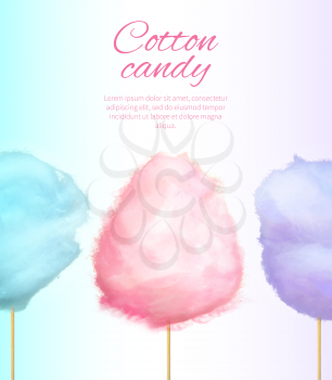 Cotton sweet candies on stick vector colorful illustration isolated on white with place for text. Banner with tasty floss form of spun sugar