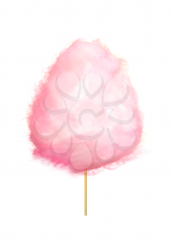 Realistic pink cotton candy on stick isolated on white. Made by heating and liquefying sugar and spinning it out through minute holes, where it strands sugar glass