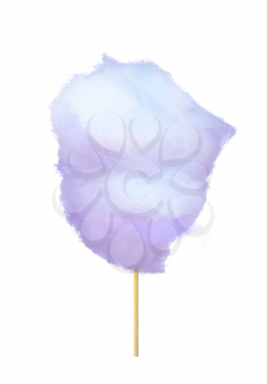 Realistic purple cotton candy on stick isolated on white. Made by heating and liquefying sugar and spinning it out through minute holes, where it strands sugar glass