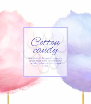 Cotton candy banner with sweet floss form of spun sugar vector colorful illustration isolated on white with place for text. Pink and purple candies