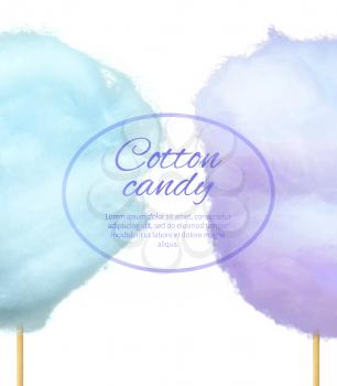 Cotton candy banner with sweet floss form of spun sugar vector colorful illustration isolated on white with place for text. Blue and purple candies