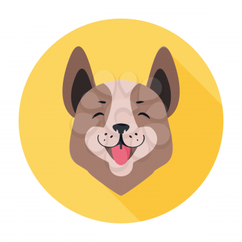 Central asian shepherd dog flat icon doggy head on yellow circle background. Smiling face of Alabai. Vector illustration of ancient breed of dogs. Massive and broad head with plane forehead.