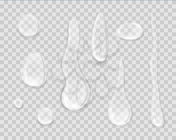 Rain drops isolated on transparent background. Liquid aqua droplets, clean raindrops of different form and shape on transparency
