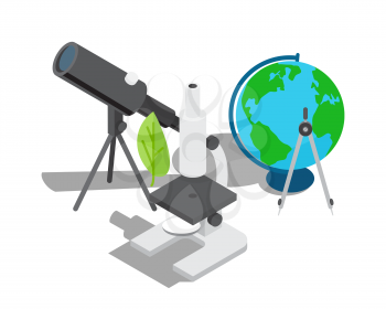 Scientific equipment for observation and research. Powerful telescope, modern microscope with leaf, small globe with divider vector illustrations.