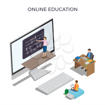 Online education promo poster with tutor that stands near blackboard at monitor, boy sits on flash card and student at desk vector illustration.