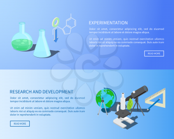 Chemical experimentation, scientific research and development page with globe, glass flasks, new microscope and black telescope vector illustration.