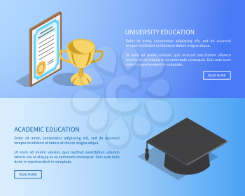 University and academic education Internet page with full information and diploma in frame, gold cup and square hat vector illustrations.