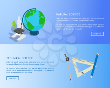 Natural and technical sciences Internet page with globe, powerful microscope, triangular ruler, simple pencil and metal divider vector illustrations.