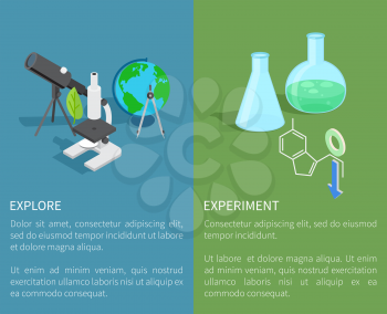 Explore and experiment template vector poster of two parts with test tubes set, black telescope and microscope above written texts