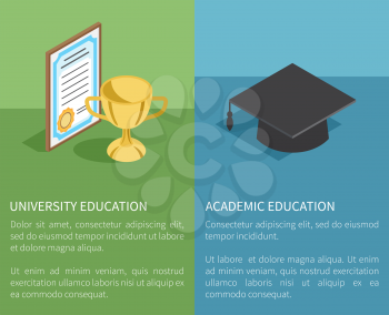 University and academic education template vector illustration. Golden trophy prize near paper award and black student hat above text