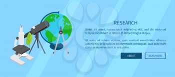 Research template banner with scientific equipment set as microscope and telescope near earth model and information text vector illustration.