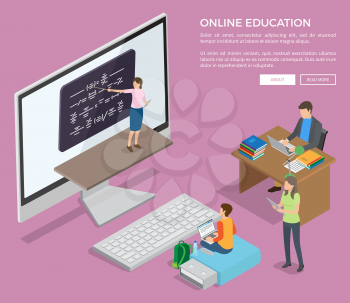 People sitting at table or on flash drive study online via Internet with help of female teacher near blackboard in computer screen vector poster