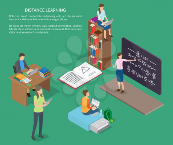 Distance learning of people vector web banner. Illustration of teacher near blackboard and studying students at various workplaces
