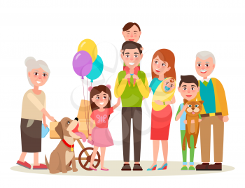 Young parents, funny kids, cute baby, grandmother with pram, cheerful grandfather, dog in collar and cat on boys hands vector illustration.