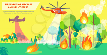 Aerial firefighting poster with inscription. Vector illustration of red aircraft and purple helicopter trying to combat fire in countryside area