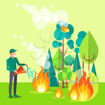Drawing depicting civilian trying to put out fire. Vector illustration of man extinguishing wildfire that engulfed trees, bushes and grass