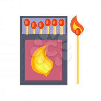 Broad dark blue half opened box of matches with purple rectangle and flame on it along with inflamed matchstick isolated vector illustration on white
