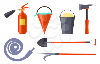 Fire protection equipment collection on white. Vector colorful illustration in graphic design of special tools for saving people from flame