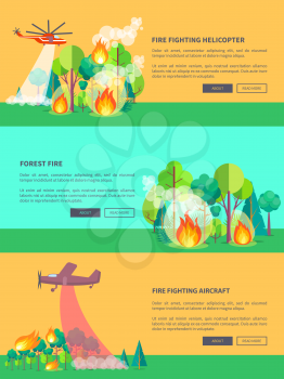 Transportation means solving problem of fire in forest vector web banner in graphic design. Burning trees and bushes and their saving