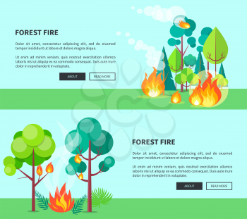 Forest fire set of cartoon posters with inscriptions. Vector illustration of raging wildfire that has engulfed lush trees, bushes and grass
