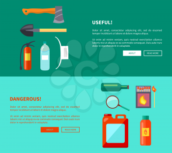 Useful and dangerous fire-related objects set of posters. Vector illustration of hatchet, shovel extinguisher, water bottle, matches box and magnifier