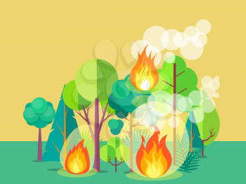 Poster of raging wildfire. Vector illustration of forest burning fiercely with bushes, trees aflame and a lot of smoke against light brown background