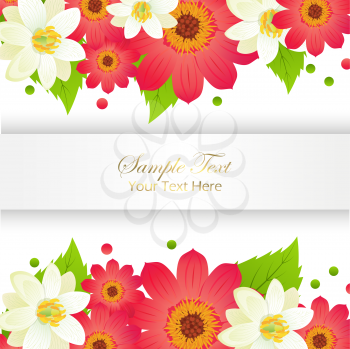 Sample yext here appy holidays greeting card with shiny frame and flowers set. Vector illustration of festival decorated paper for congratulating.