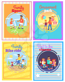 Father amusing with children in park, watching film in cinema, riding bikes or doing sport outside vector poster of four cards