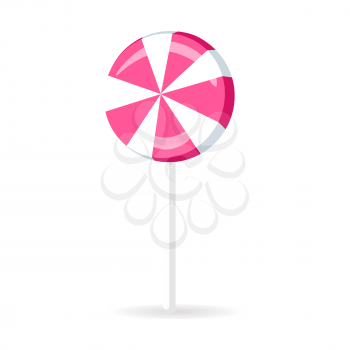 Swirl lollipop round candy isolated on white background. Sweet pink sugar dessert on stick, lolly bonbon icon vector illustration. Colorful caramel in flat style design. Confectionery striped treat