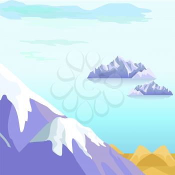 Beautiful vector landscape with icebergs floating in sea and snow-covered mountain peaks on coast. Travel and exploding northern lands or climate changes concept. Wild antarctic nature illustration