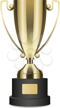 Golden shiny trophy cup with creative handles for win in competition isolated on white. Tournament first place prise vector illustration. Standard design of metal goblet. Award for achievement.